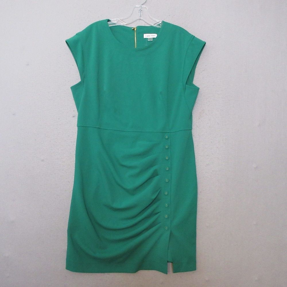 Calvin Klein Dress  Plus 14 Kelly‎ Green Sheath Ruche Gold Zipper Career NWT